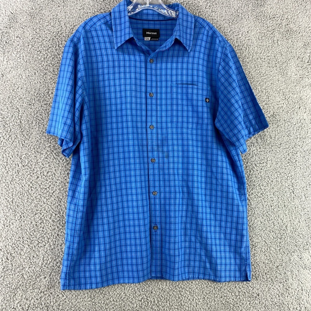 Marmot Shirt Mens Large Button Rayon Poly Short Sleeve Plaid Blue Outdoor Hiking